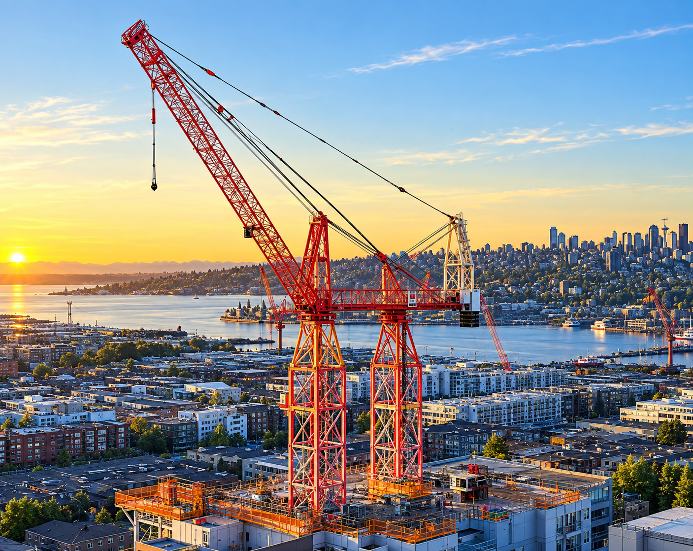 Cranes Over a Golden Waterfront Skyline